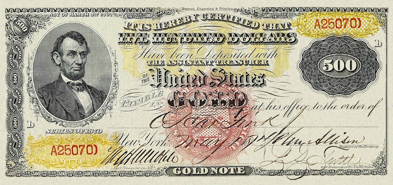 United States Treasury Gold Certificates banknote, $500 Dollars, 1870 - 1875, Pick P-249, UNC