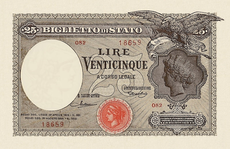 Italy banknote, Biglietto Di Stato, Umberto I Issue, 25 Lire, 1923, Pick P-24, UNC