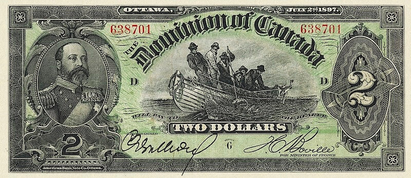 Dominion of Canada banknote, $2 Dollars, 1897, Pick P-24C, UNC