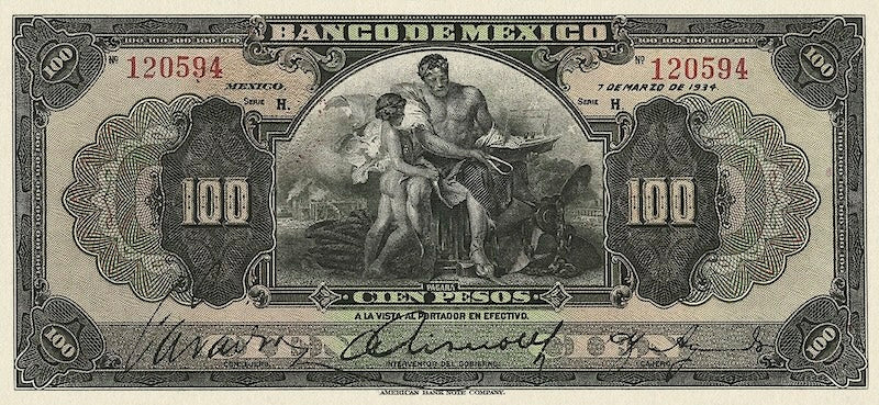 Mexico banknote, Banco de Mexico, 100 Pesos, 1915, Pick P-25, UNC