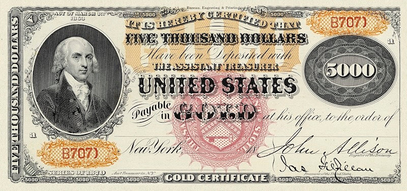 United States Treasury Gold Certificates banknote, $5000 Dollars, 1870 - 1875, Pick P-253, UNC