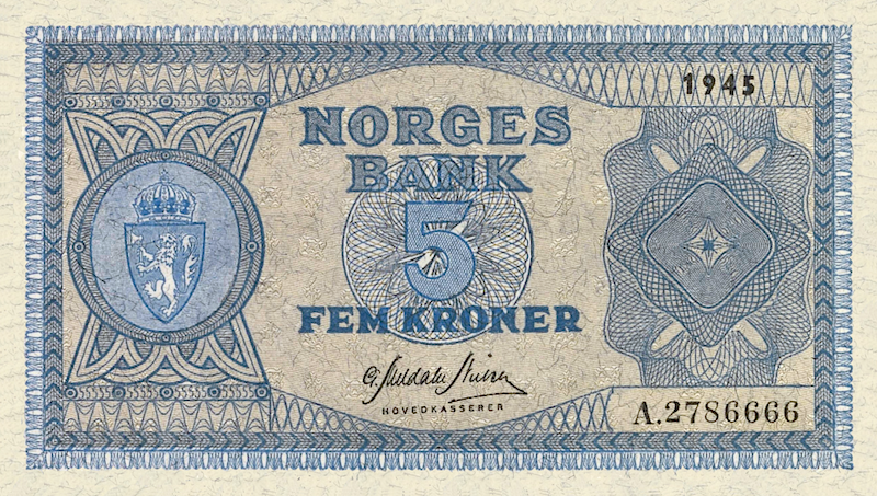 Norway banknotes, Norges Bank, 5 Kroner, 1945, Pick P-25, UNC