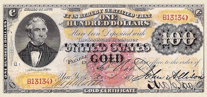 United States Treasury Gold Certificates banknote, $100 Dollars, 1870 - 1875, Pick P-256, UNC