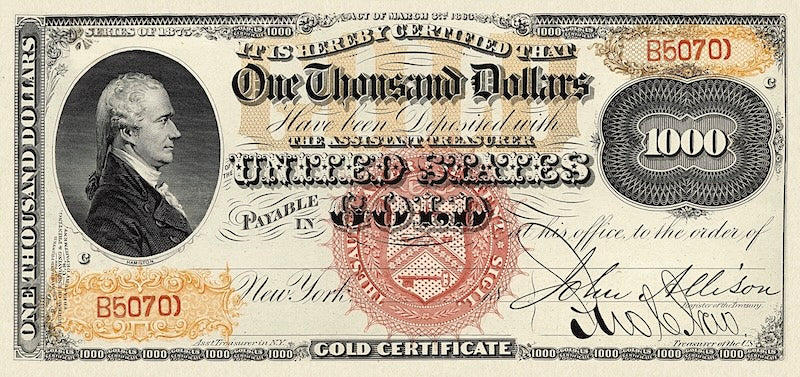United States Treasury Gold Certificates banknote, $1000 Dollars, 1870 - 1875, Pick P-258, UNC