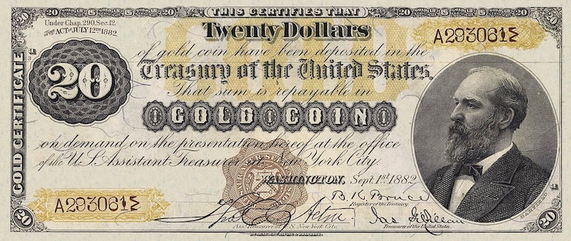 United States Treasury Gold Certificates banknote, $20 Dollars, 1882, Pick P-259, UNC