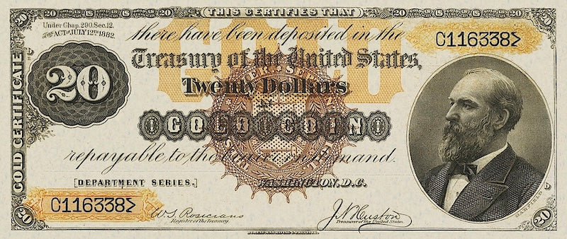 United States Treasury Gold Certificates banknote, $20 Dollars, 1882, Pick P-259, UNC