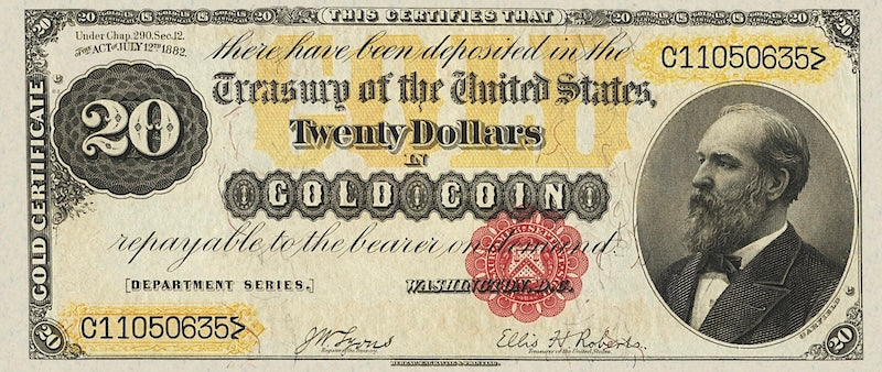 United States Treasury Gold Certificates banknote, $20 Dollars, 1882, Pick P-259, UNC