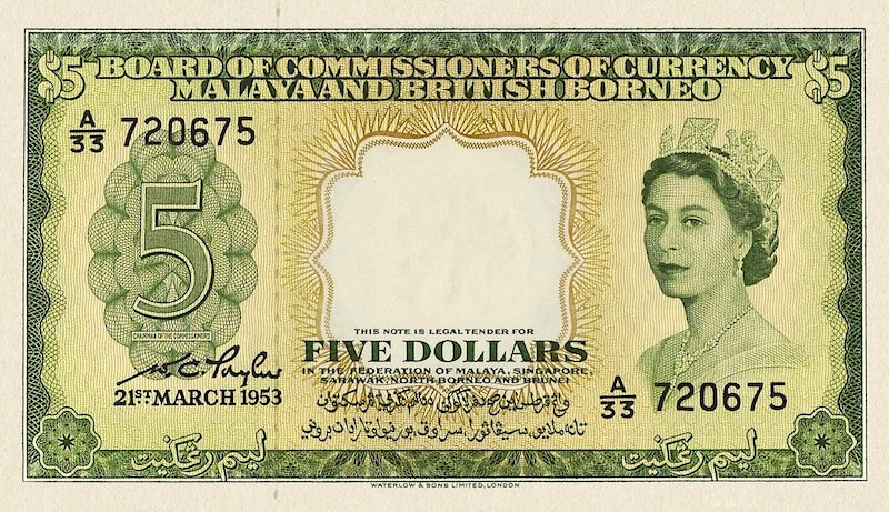 Malaya & British Borneo banknotes, Elizabeth II, $5 Dollars, 1953, Pick P-2, UNC