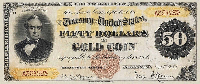 United States Treasury Gold Certificates banknote, $50 Dollars, 1882, Pick P-260, UNC