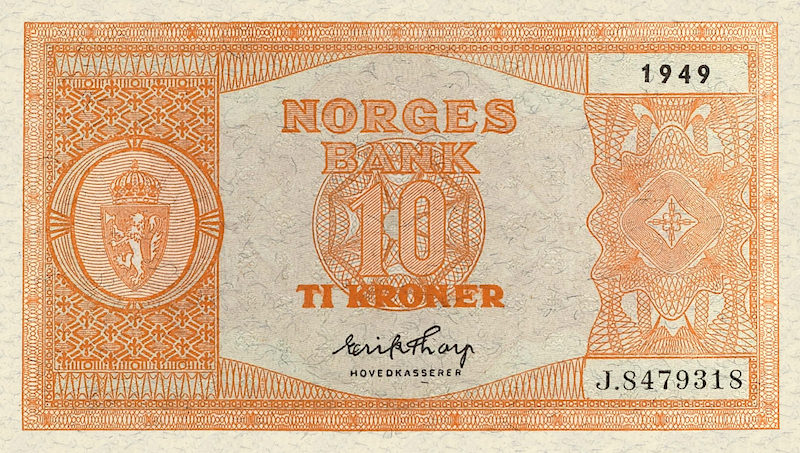 Norway banknotes, Norges Bank, 10 Kroner, 1945, Pick P-26, UNC