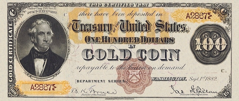 United States Treasury Gold Certificates banknote, $100 Dollars, 1882, Pick P-261, UNC