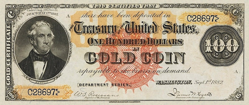 United States Treasury Gold Certificates banknote, $100 Dollars, 1882, Pick P-261, UNC