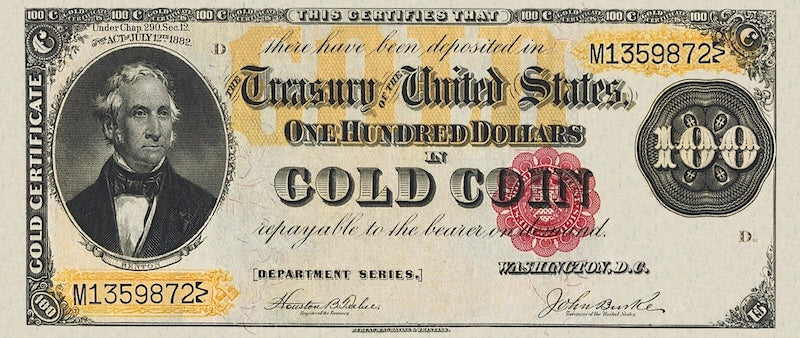 United States Treasury Gold Certificates banknote, $100 Dollars, 1882, Pick P-261, UNC