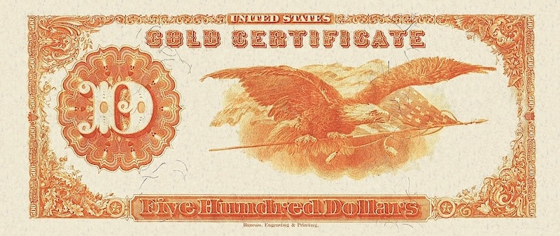 United States Treasury Gold Certificates banknote, $500 Dollars, 1882, Pick P-262, UNC
