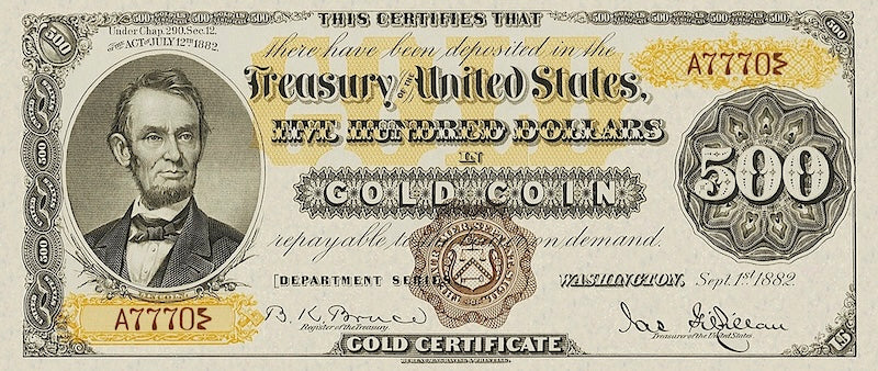 United States Treasury Gold Certificates banknote, $500 Dollars, 1882, Pick P-262, UNC
