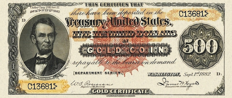 United States Treasury Gold Certificates banknote, $500 Dollars, 1882, Pick P-262, UNC