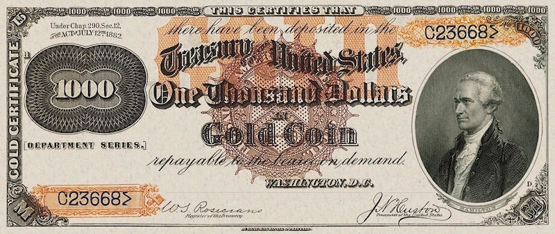 United States Treasury Gold Certificates banknote, $1000 Dollars, 1882, Pick P-263, UNC
