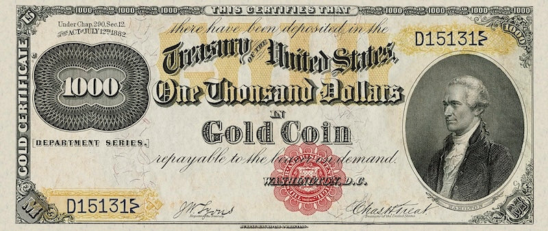 United States Treasury Gold Certificates banknote, $1000 Dollars, 1882, Pick P-263, UNC