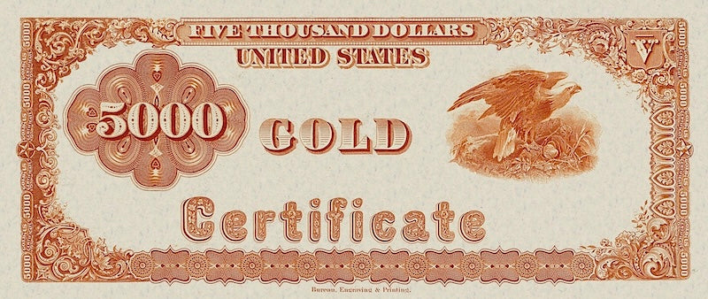United States Treasury Gold Certificates banknote, $5000 Dollars, 1882, Pick P-264, UNC