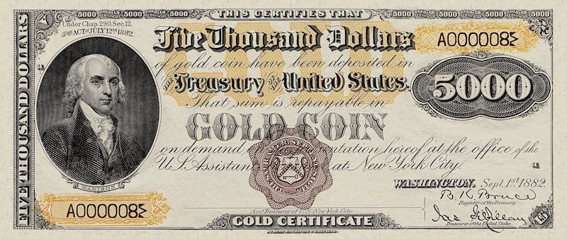 United States Treasury Gold Certificates banknote, $5000 Dollars, 1882, Pick P-264, UNC