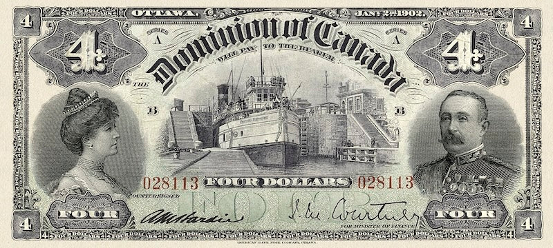 Dominion of Canada banknote, $4 Dollars, 1902, Pick P-26, UNC