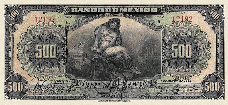 Mexico banknote, Banco de Mexico, 500 Pesos, 1915, Pick P-26, UNC