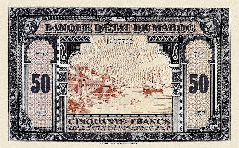 Morocco banknote, Banque d'Etat Du Maroc, World War II Issue, 50 Francs, 1943, Pick P-26, UNC