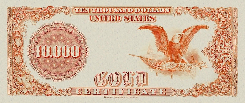United States Treasury Gold Certificates banknote, $10000 Dollars, 1882, Pick P-265, UNC