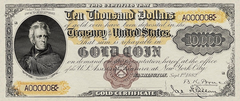 United States Treasury Gold Certificates banknote, $10000 Dollars, 1882, Pick P-265, UNC