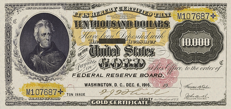 United States Treasury Gold Certificate banknote, $10000 Dollars, 1900, Pick P-268, UNC