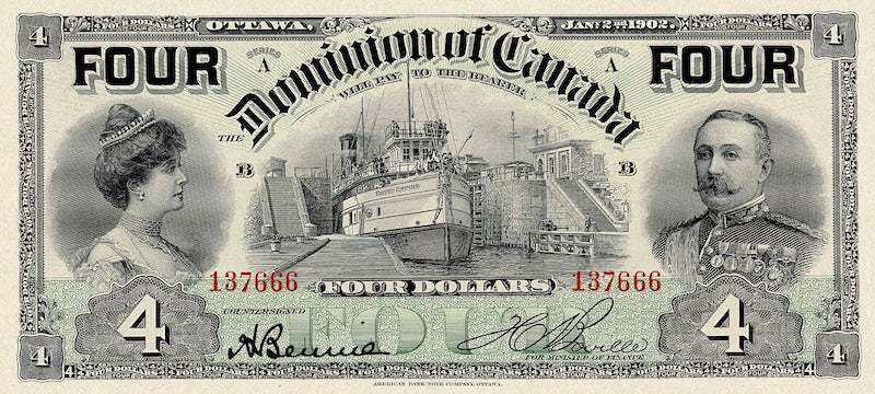 Dominion of Canada banknote, $4 Dollars, 1902, Pick P-26A, UNC