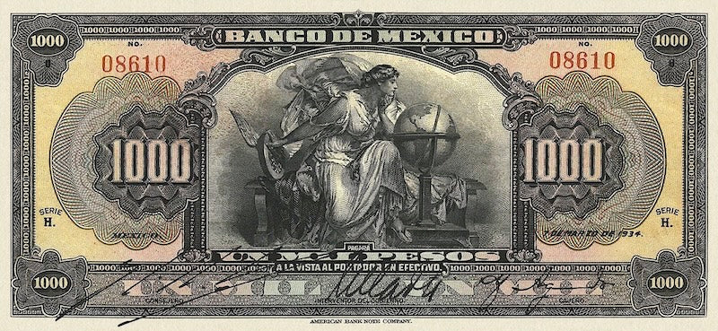 Mexico banknote, Banco de Mexico, 1000 Pesos, 1915, Pick P-27, UNC