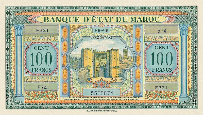 Morocco banknote, Banque d'Etat Du Maroc, World War II Issue, 100 Francs, 1943, Pick P-27, UNC