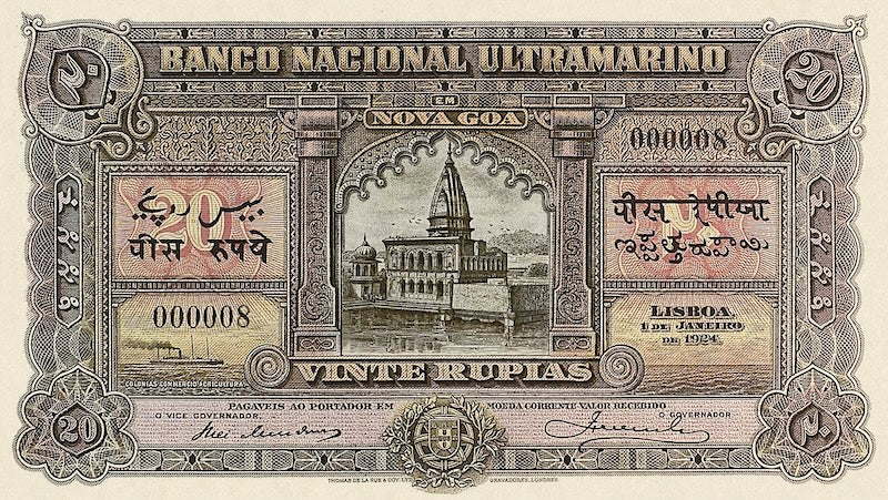 Portuguese India banknote, Banco Nacional Ultramarino, 20 Rupias, 1924, Pick P-27, UNC