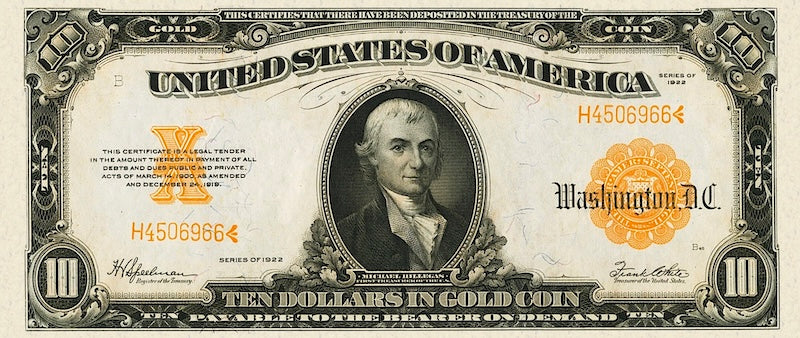 United States Treasury Gold Certificates banknote, $10 Dollars, 1922, Pick P-274, UNC