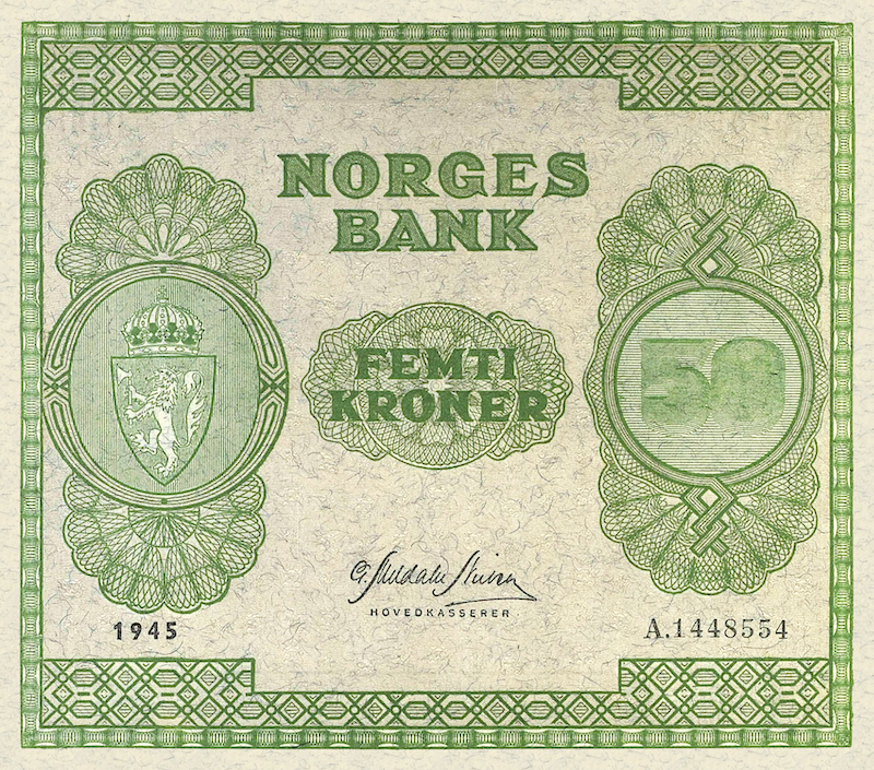 Norway banknotes, Norges Bank, 50 Kroner, 1945, Pick P-27, UNC