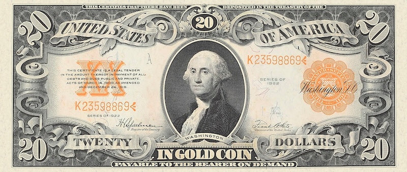 United States Treasury Gold Certificates banknote, $20 Dollars, 1922, Pick P-275, UNC
