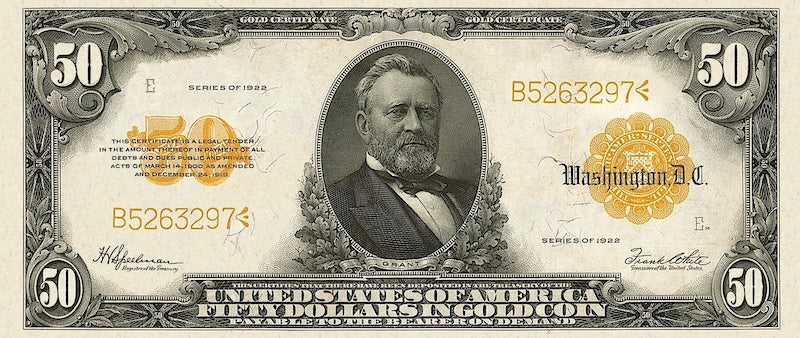 United States Treasury Gold Certificates banknote, $50 Dollars, 1922, Pick P-276, UNC