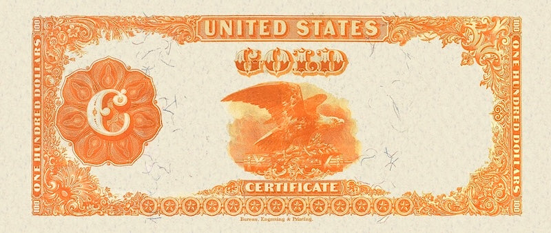 United States Treasury Gold Certificates banknote, $100 Dollars, 1922, Pick P-277, UNC