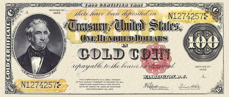 United States Treasury Gold Certificates banknote, $100 Dollars, 1922, Pick P-277, UNC
