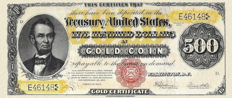 United States Treasury Gold Certificates banknote, $500 Dollars, 1922, Pick P-278, UNC
