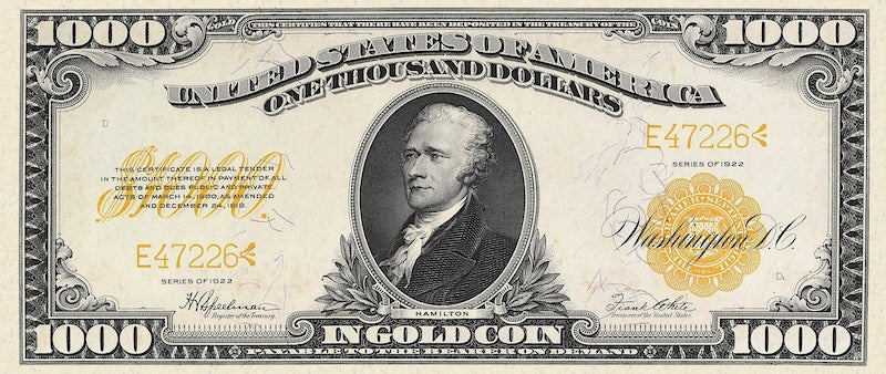 United States Treasury Gold Certificates banknote, $1000 Dollars, 1922, Pick P-279, UNC
