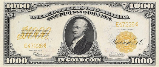 United States Treasury Gold Certificates banknote, $1000 Dollars, 1922, Pick P-279, UNC
