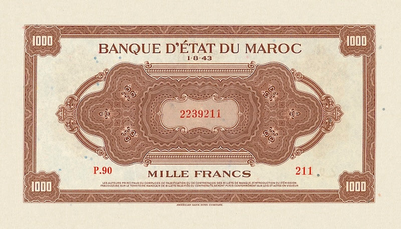 Morocco banknote, Banque d'Etat Du Maroc, World War II Issue, 1000 Francs, 1943, Pick P-28, UNC