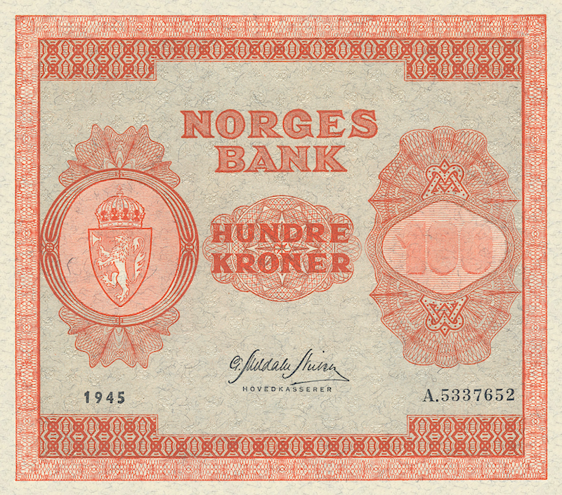 Norway banknotes, Norges Bank, 100 Kroner, 1945, Pick P-28, UNC