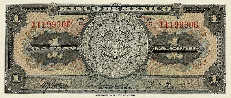 Mexico banknote, Banco de México, 1 Peso, 1936, Pick P-28, UNC