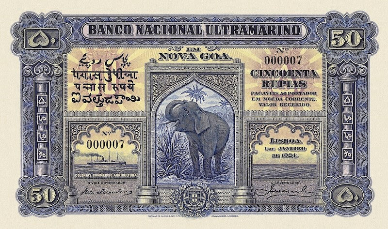 Portuguese India banknote, Banco Nacional Ultramarino, 50 Rupias, 1924, Pick P-28, UNC