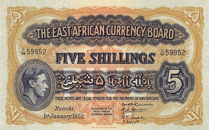 British East Africa banknotes, King George VI, 5 Shillings, 1938, Pick P-28, UNC