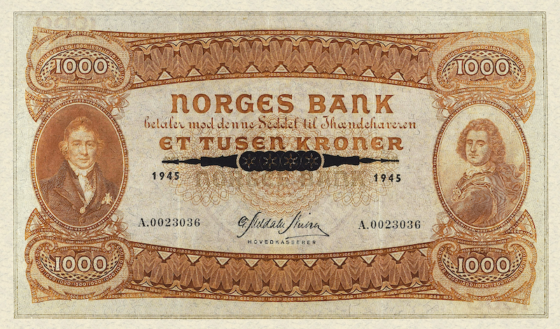 Norway banknotes, Norges Bank, 1000 Kroner, 1945, Pick P-29, UNC