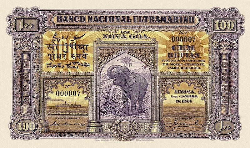 Portuguese India banknote, Banco Nacional Ultramarino, 100 Rupias, 1924, Pick P-29, UNC
